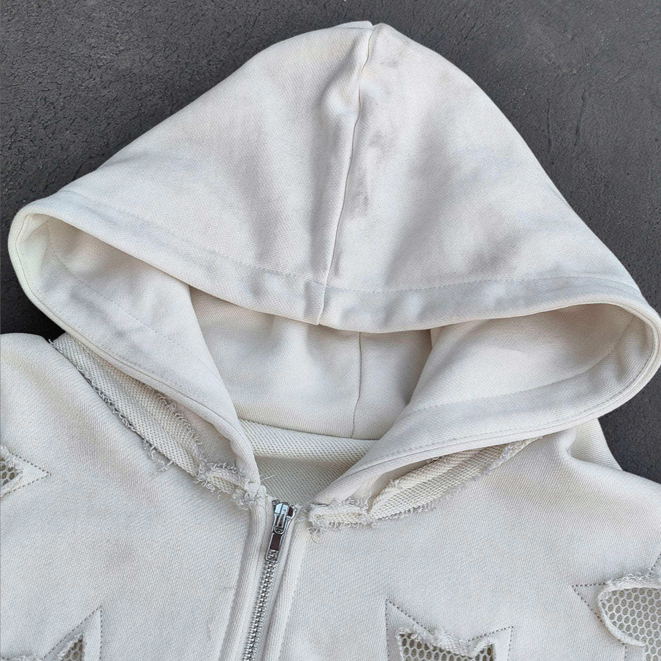 Star Cut-Out Zip Up Hoodie - White Gothic Letter Patch Distressed Y2K Streetwear