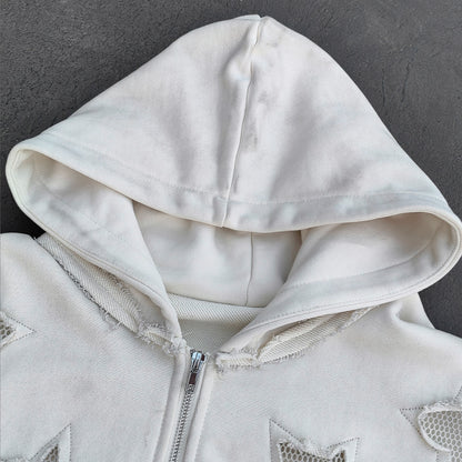 Star Cut-Out Zip Up Hoodie - White Gothic Letter Patch Distressed Y2K Streetwear