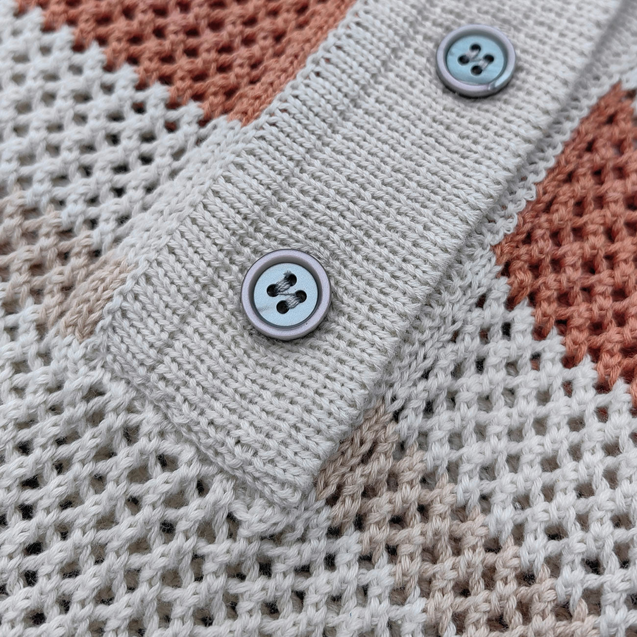 Y2K Knit Polo Set - Oatmeal Brown Stripe Open Weave Half Button Shirt & Drawstring Shorts Oversized