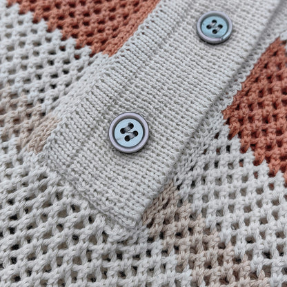 Y2K Knit Polo Set - Oatmeal Brown Stripe Open Weave Half Button Shirt & Drawstring Shorts Oversized