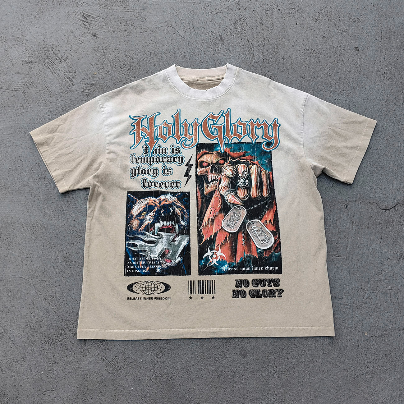 Holy Glory Graphic Tee - Oatmeal Dirty Wash Skull Panther Heavy Metal Collage Print Y2K Streetwear