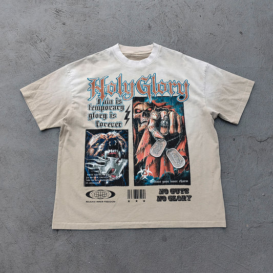Holy Glory Graphic Tee - Oatmeal Dirty Wash Skull Panther Heavy Metal Collage Print Y2K Streetwear