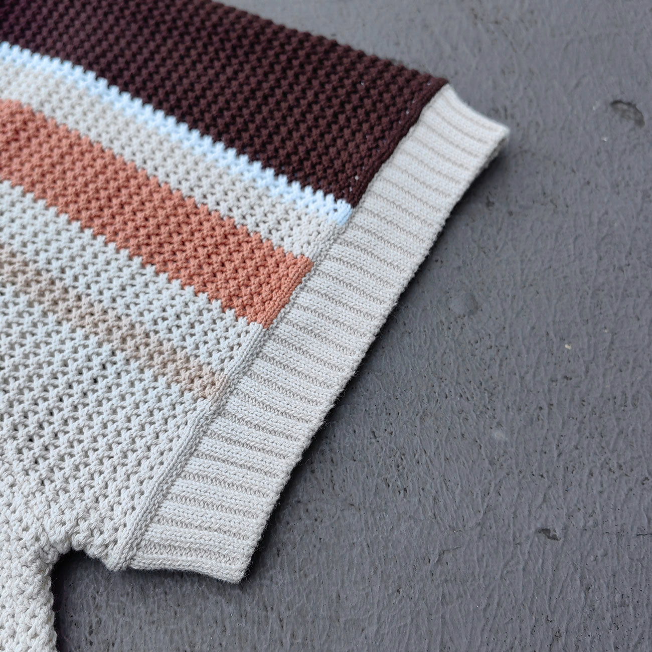 Y2K Knit Polo Set - Oatmeal Brown Stripe Open Weave Half Button Shirt & Drawstring Shorts Oversized