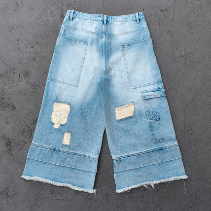 Wide Leg Jeans - Light Blue Acid Wash Double Waistband Heavy Ripped Distressed Frayed Hem Y2K Streetwear