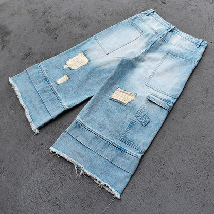 Wide Leg Jeans - Light Blue Acid Wash Double Waistband Heavy Ripped Distressed Frayed Hem Y2K Streetwear
