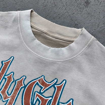 Holy Glory Graphic Tee - Oatmeal Dirty Wash Skull Panther Heavy Metal Collage Print Y2K Streetwear