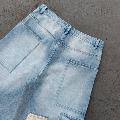 Wide Leg Jeans - Light Blue Acid Wash Double Waistband Heavy Ripped Distressed Frayed Hem Y2K Streetwear
