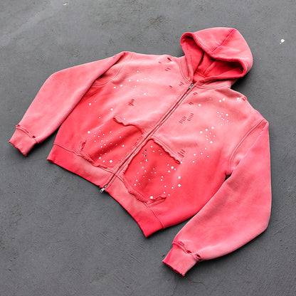 Acid Wash Hoodie - Gradient Ombre Rhinestone Sequin Ripped Full Zip Y2K Oversized
