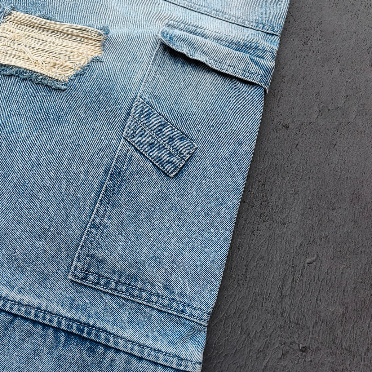 Wide Leg Jeans - Light Blue Acid Wash Double Waistband Heavy Ripped Distressed Frayed Hem Y2K Streetwear