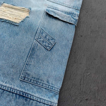 Wide Leg Jeans - Light Blue Acid Wash Double Waistband Heavy Ripped Distressed Frayed Hem Y2K Streetwear
