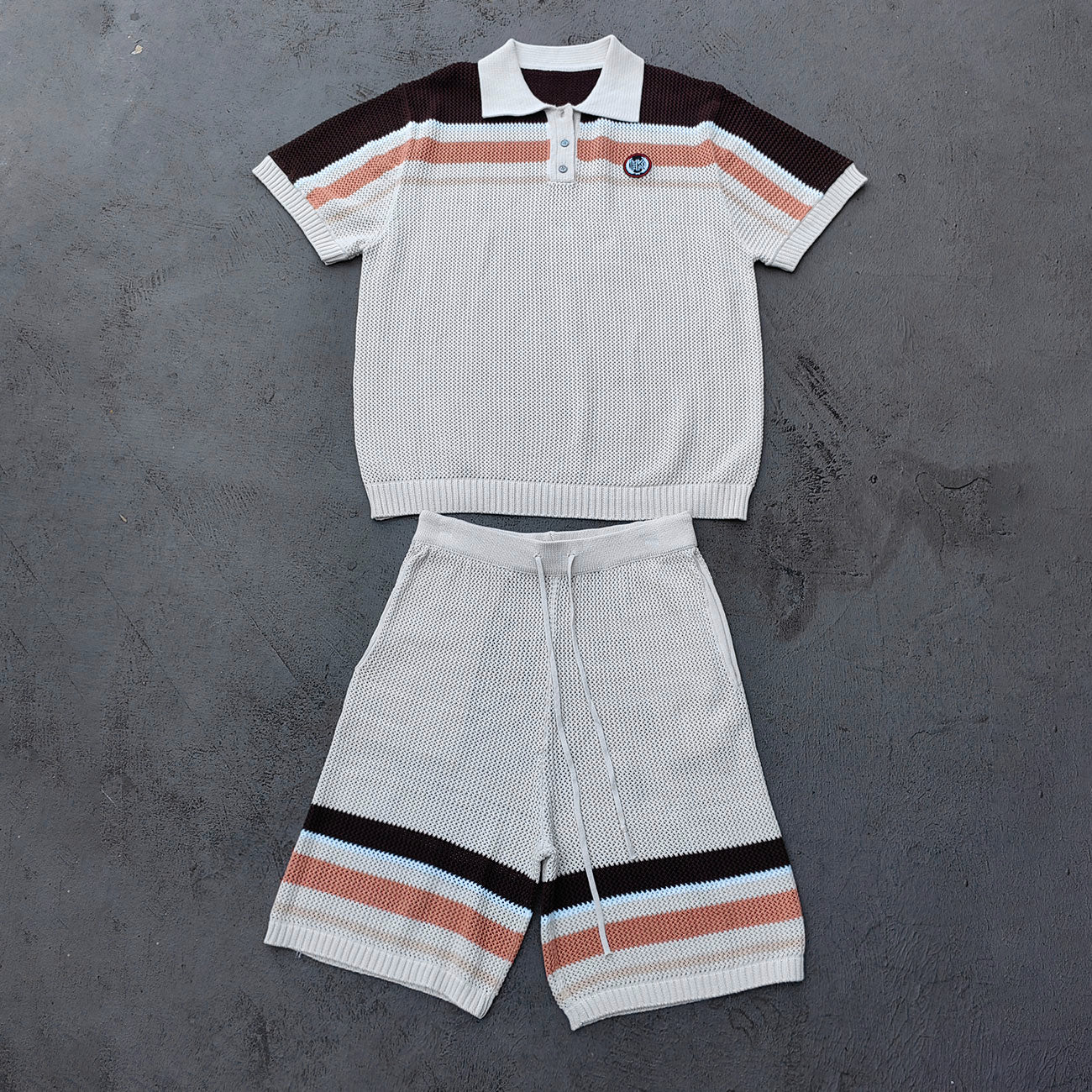Y2K Knit Polo Set - Oatmeal Brown Stripe Open Weave Half Button Shirt & Drawstring Shorts Oversized