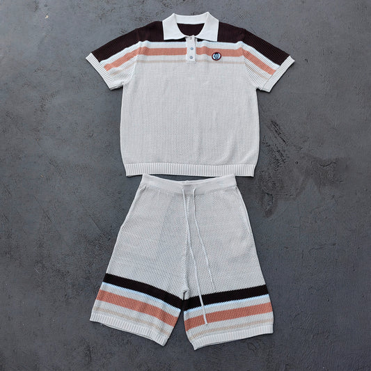 Y2K Knit Polo Set - Oatmeal Brown Stripe Open Weave Half Button Shirt & Drawstring Shorts Oversized