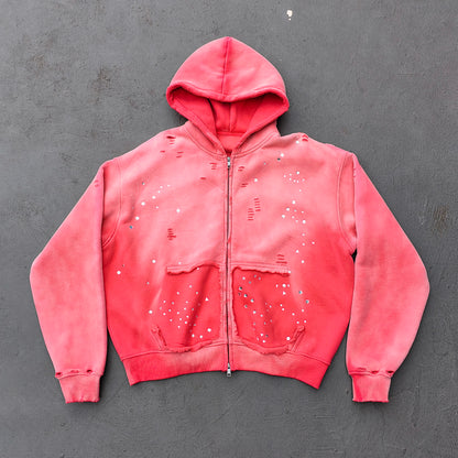 Acid Wash Hoodie - Gradient Ombre Rhinestone Sequin Ripped Full Zip Y2K Oversized
