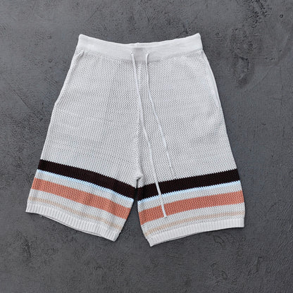Y2K Knit Polo Set - Oatmeal Brown Stripe Open Weave Half Button Shirt & Drawstring Shorts Oversized