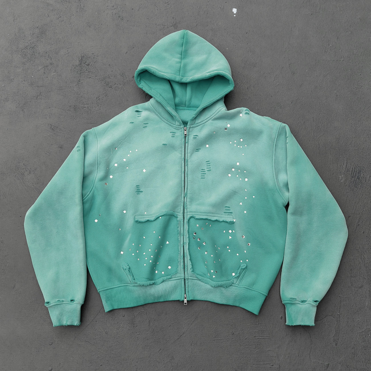 Acid Wash Hoodie - Gradient Ombre Rhinestone Sequin Ripped Full Zip Y2K Oversized