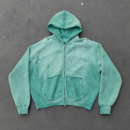 Acid Wash Hoodie - Gradient Ombre Rhinestone Sequin Ripped Full Zip Y2K Oversized