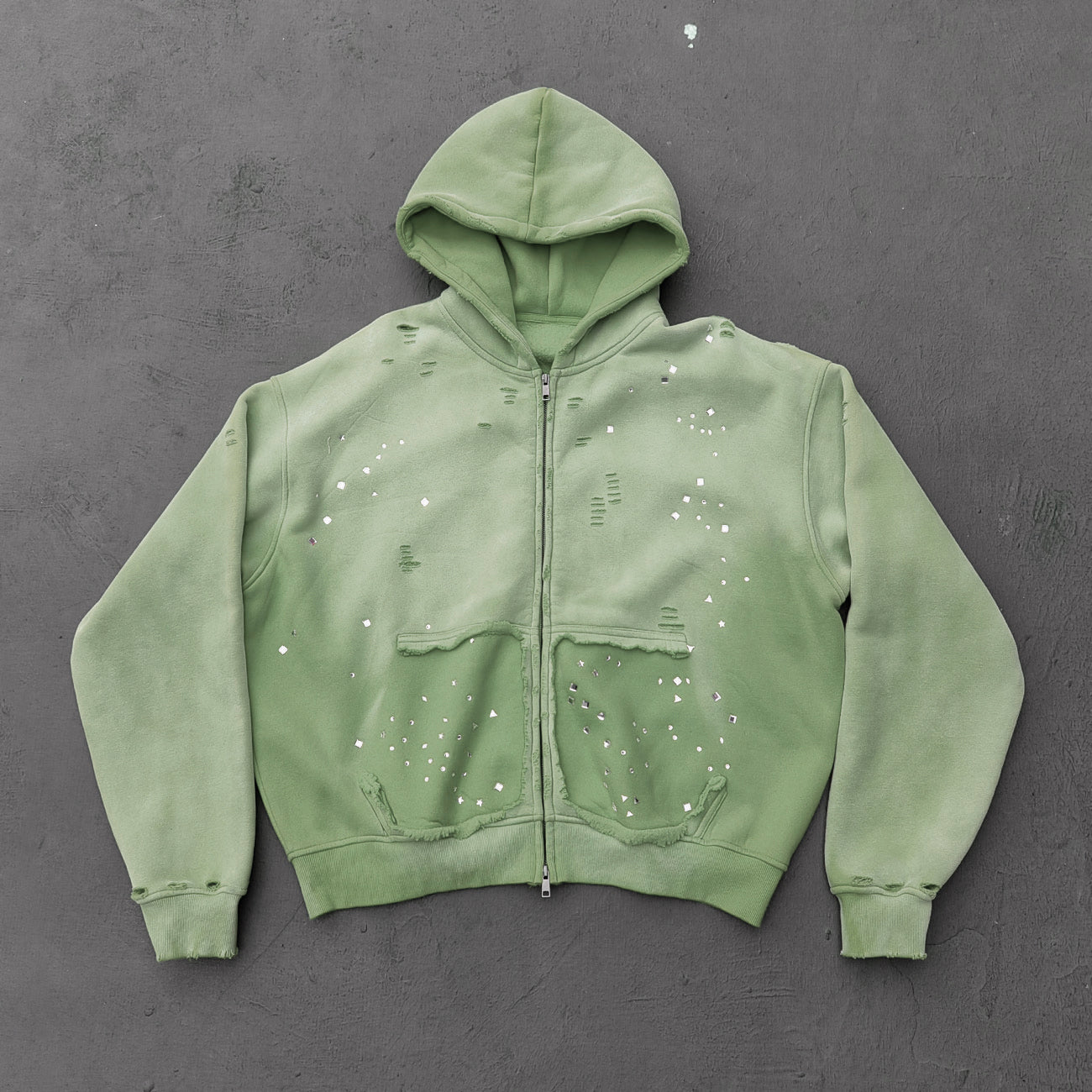 Acid Wash Hoodie - Gradient Ombre Rhinestone Sequin Ripped Full Zip Y2K Oversized