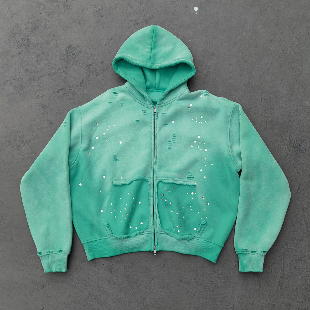 Acid Wash Hoodie - Gradient Ombre Rhinestone Sequin Ripped Full Zip Y2K Oversized