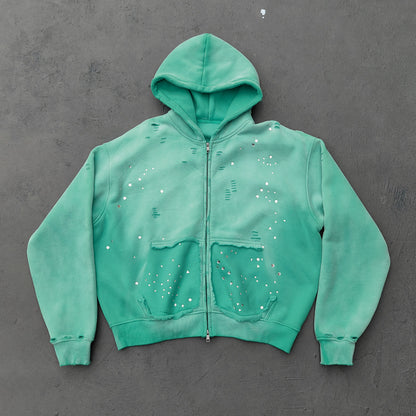 Acid Wash Hoodie - Gradient Ombre Rhinestone Sequin Ripped Full Zip Y2K Oversized