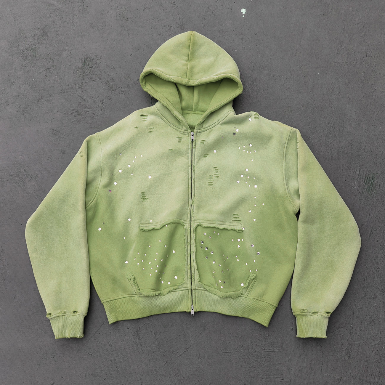 Acid Wash Hoodie - Gradient Ombre Rhinestone Sequin Ripped Full Zip Y2K Oversized