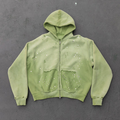 Acid Wash Hoodie - Gradient Ombre Rhinestone Sequin Ripped Full Zip Y2K Oversized