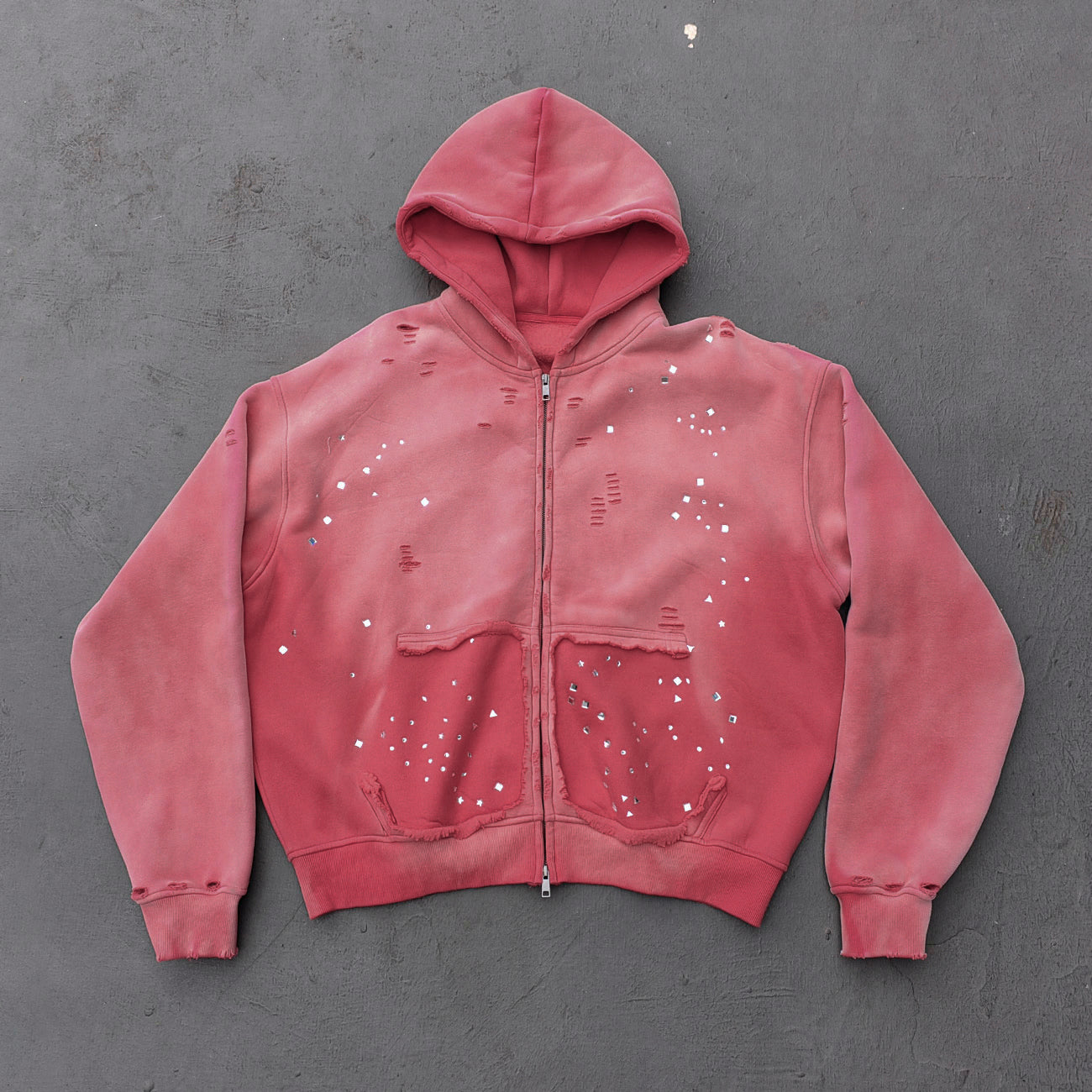 Acid Wash Hoodie - Gradient Ombre Rhinestone Sequin Ripped Full Zip Y2K Oversized