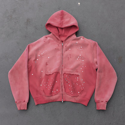 Acid Wash Hoodie - Gradient Ombre Rhinestone Sequin Ripped Full Zip Y2K Oversized
