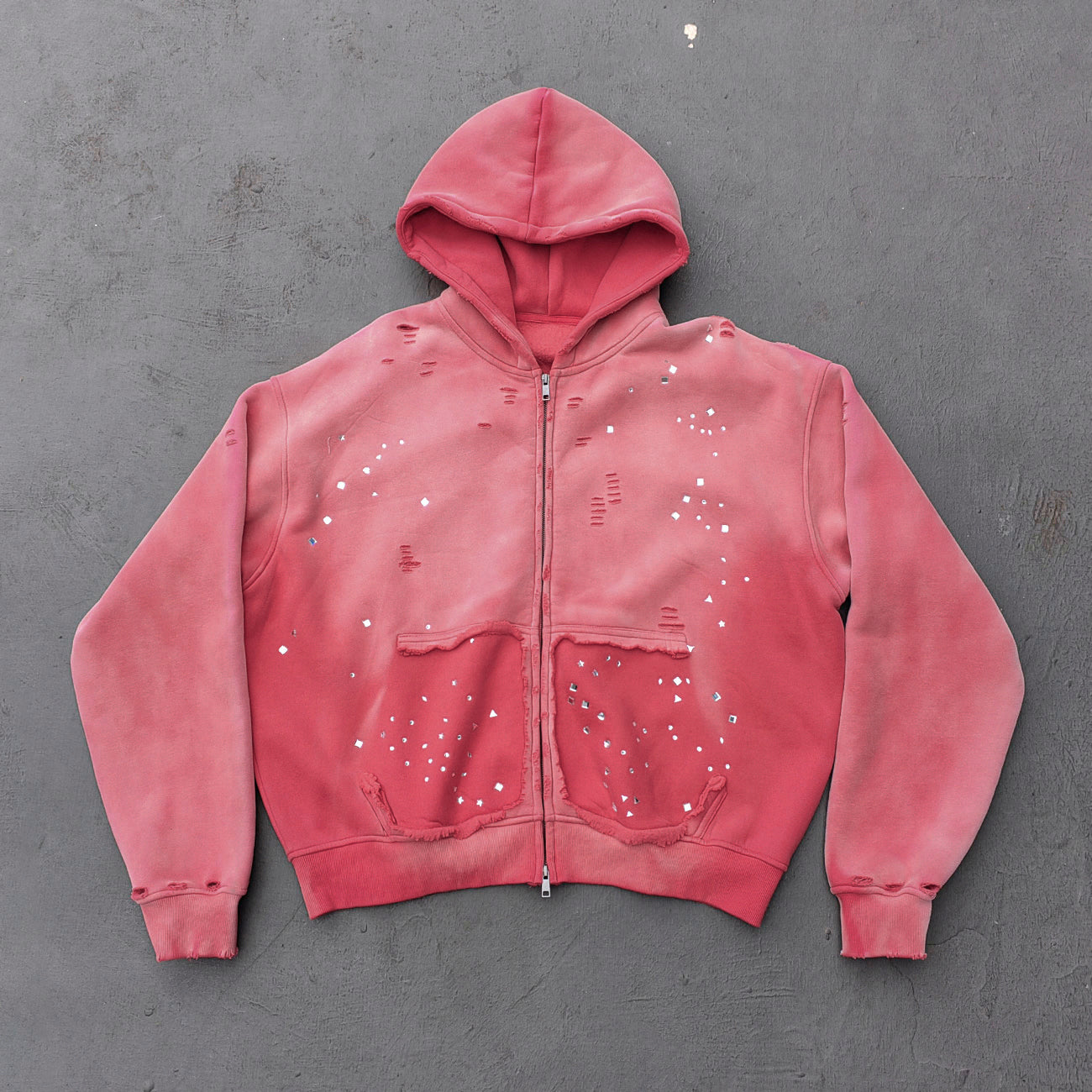 Acid Wash Hoodie - Gradient Ombre Rhinestone Sequin Ripped Full Zip Y2K Oversized