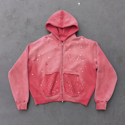 Acid Wash Hoodie - Gradient Ombre Rhinestone Sequin Ripped Full Zip Y2K Oversized