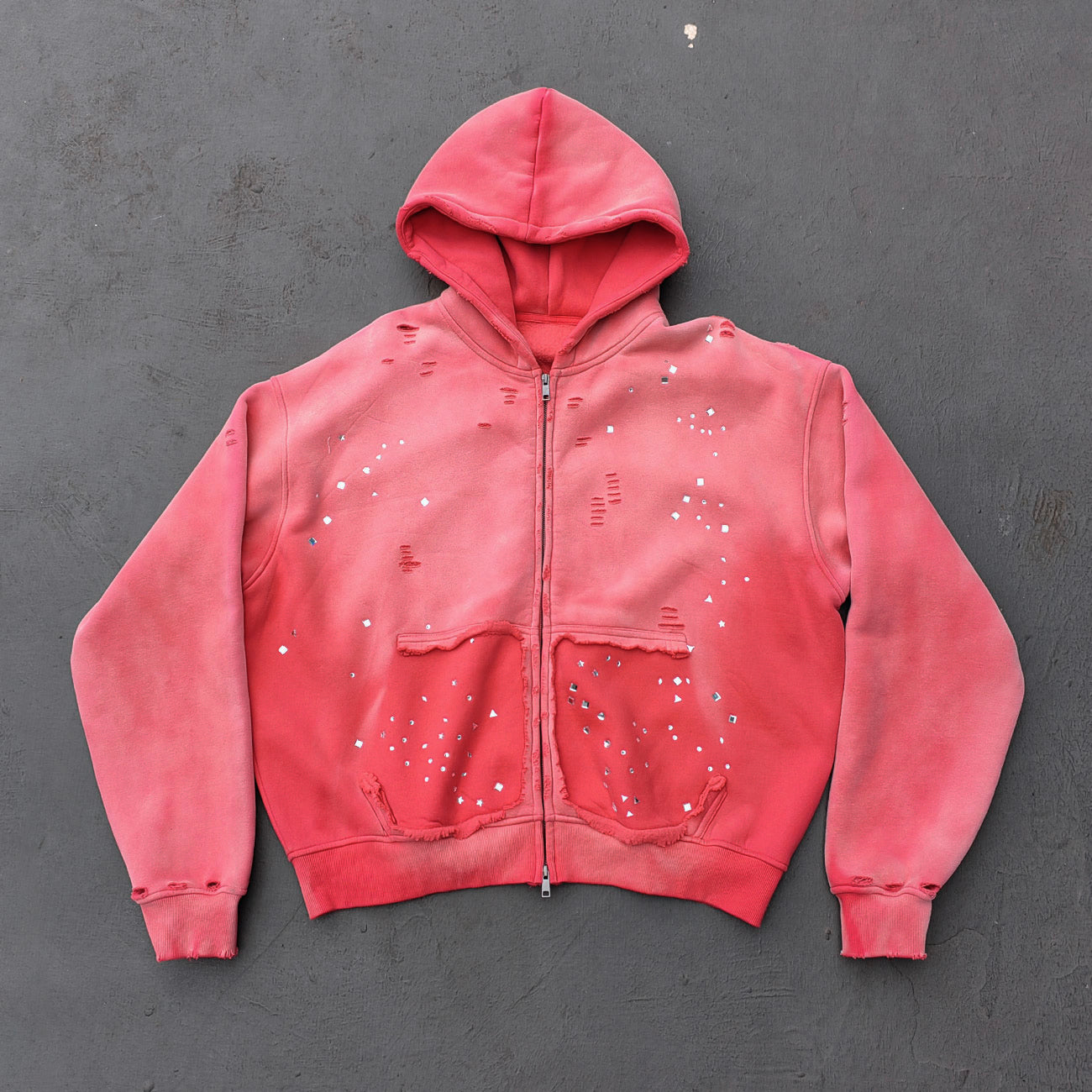 Acid Wash Hoodie - Gradient Ombre Rhinestone Sequin Ripped Full Zip Y2K Oversized