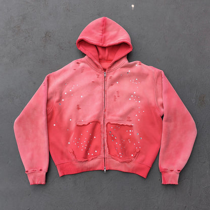 Acid Wash Hoodie - Gradient Ombre Rhinestone Sequin Ripped Full Zip Y2K Oversized