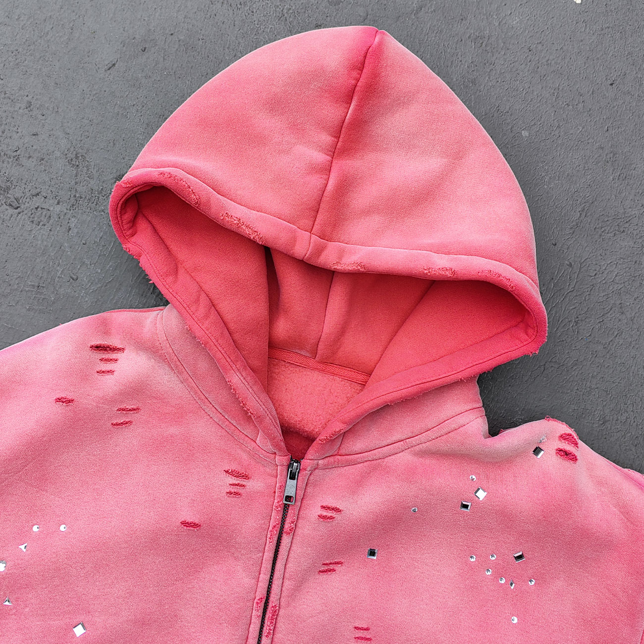 Acid Wash Hoodie - Gradient Ombre Rhinestone Sequin Ripped Full Zip Y2K Oversized