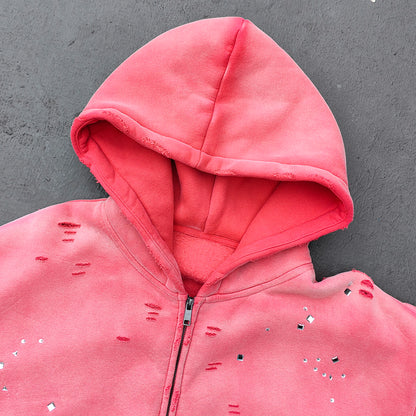 Acid Wash Hoodie - Gradient Ombre Rhinestone Sequin Ripped Full Zip Y2K Oversized