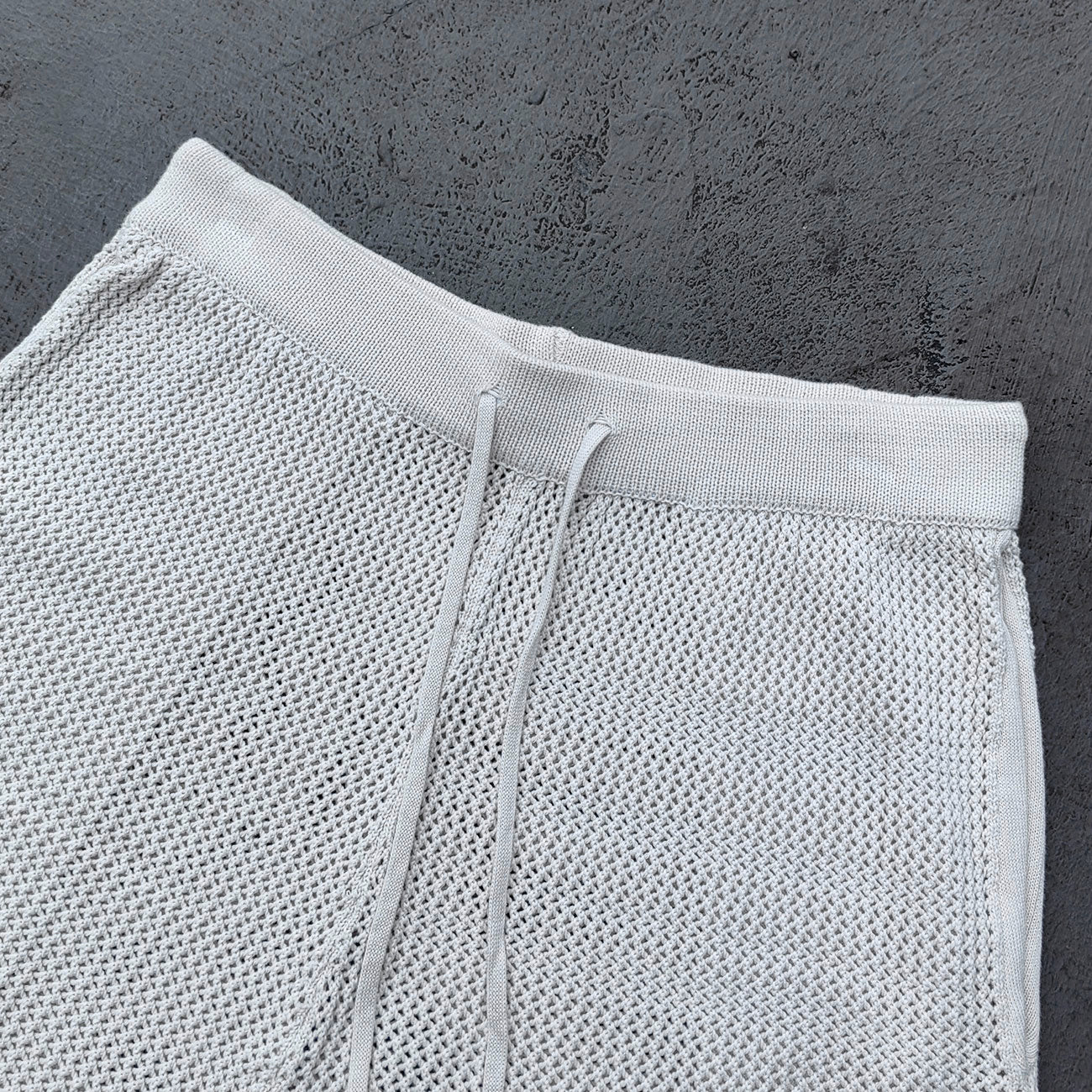Y2K Knit Polo Set - Oatmeal Brown Stripe Open Weave Half Button Shirt & Drawstring Shorts Oversized