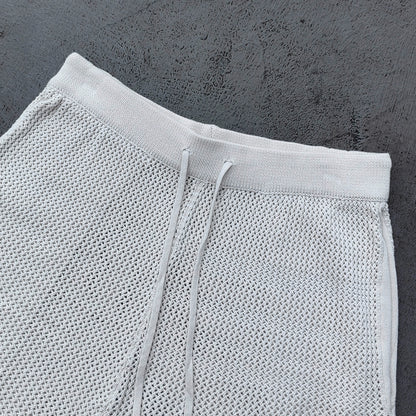 Y2K Knit Polo Set - Oatmeal Brown Stripe Open Weave Half Button Shirt & Drawstring Shorts Oversized