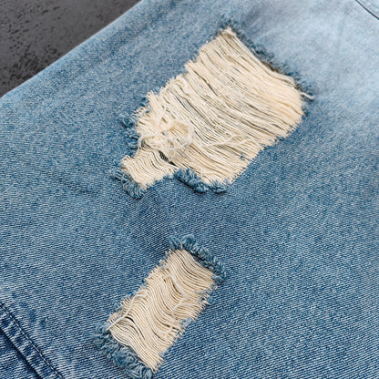 Wide Leg Jeans - Light Blue Acid Wash Double Waistband Heavy Ripped Distressed Frayed Hem Y2K Streetwear