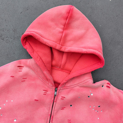 Acid Wash Hoodie - Gradient Ombre Rhinestone Sequin Ripped Full Zip Y2K Oversized