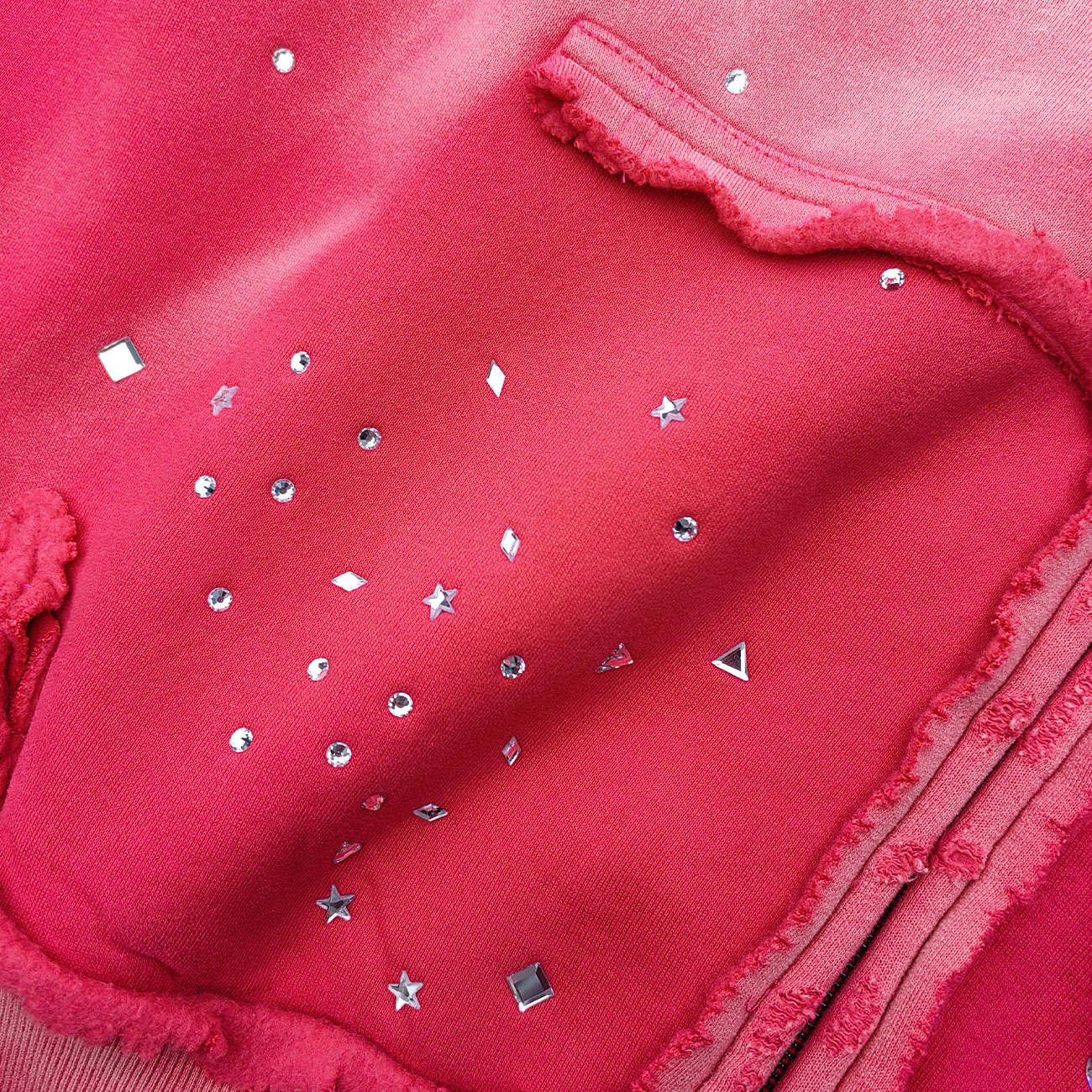 Acid Wash Hoodie - Gradient Ombre Rhinestone Sequin Ripped Full Zip Y2K Oversized