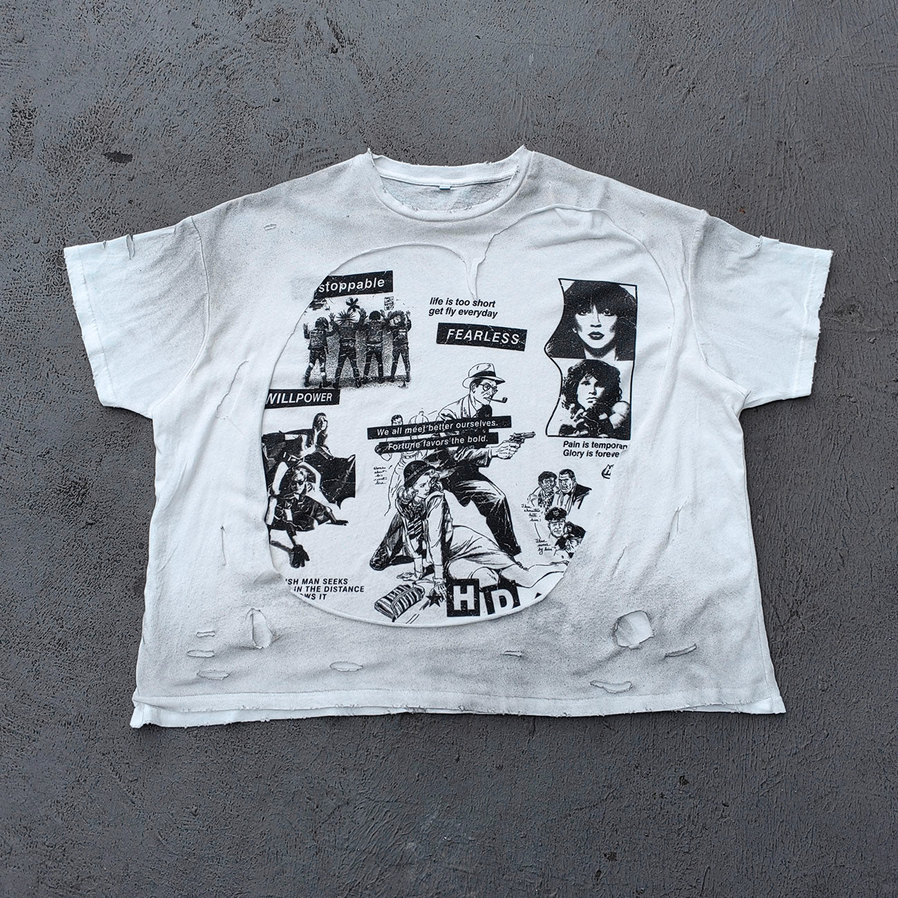 Y2K Black Distressed Tee - Holy Glory Winged Skull Lightning Big Logo Print Dirty Wash Inside Out Ripped Gothic Streetwear