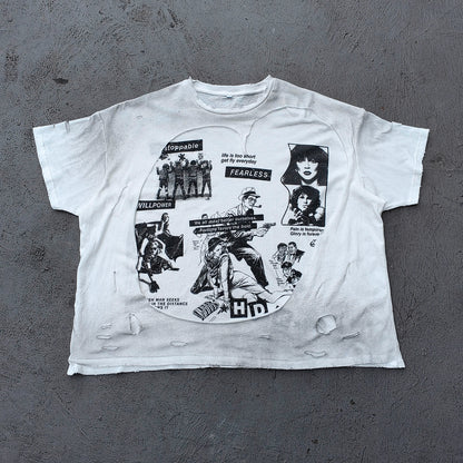 Y2K Black Distressed Tee - Holy Glory Winged Skull Lightning Big Logo Print Dirty Wash Inside Out Ripped Gothic Streetwear