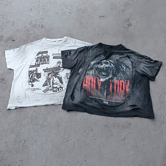 Y2K Black Distressed Tee - Holy Glory Winged Skull Lightning Big Logo Print Dirty Wash Inside Out Ripped Gothic Streetwear