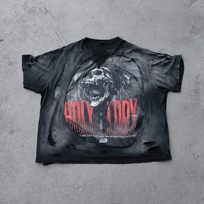 Y2K Black Distressed Tee - Holy Glory Winged Skull Lightning Big Logo Print Dirty Wash Inside Out Ripped Gothic Streetwear