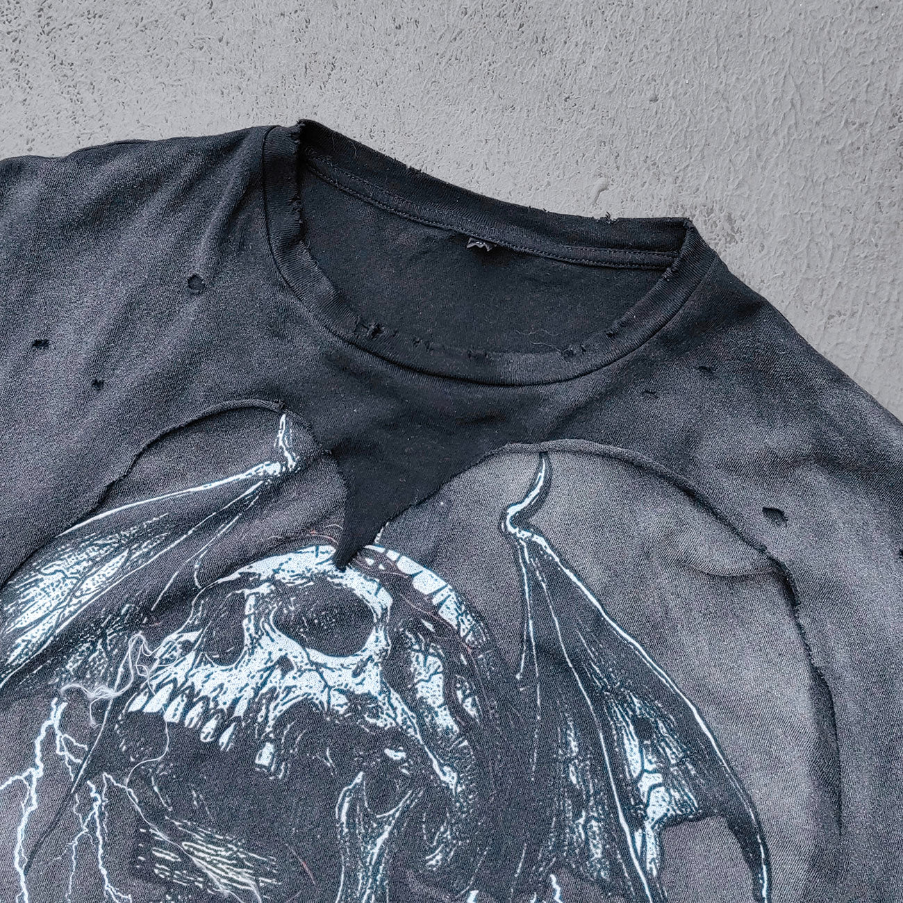 Y2K Black Distressed Tee - Holy Glory Winged Skull Lightning Big Logo Print Dirty Wash Inside Out Ripped Gothic Streetwear