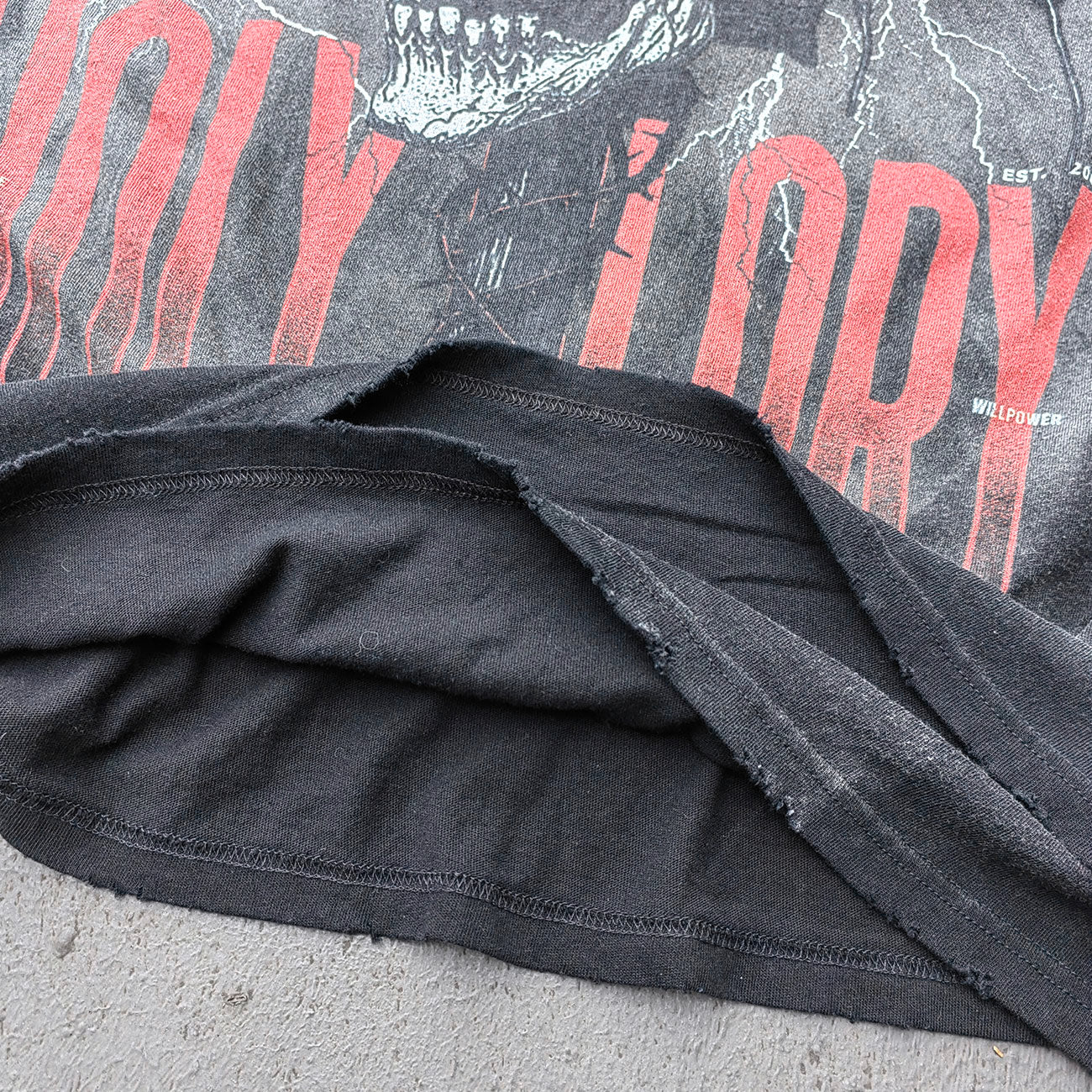 Y2K Black Distressed Tee - Holy Glory Winged Skull Lightning Big Logo Print Dirty Wash Inside Out Ripped Gothic Streetwear