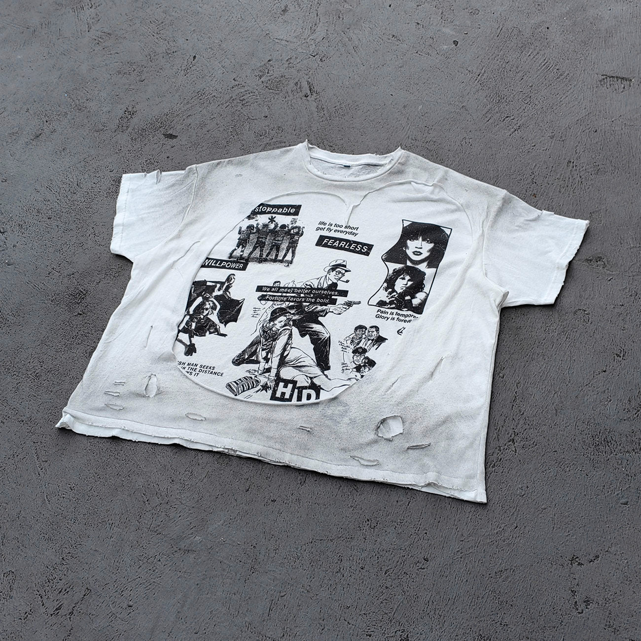 Y2K Black Distressed Tee - Holy Glory Winged Skull Lightning Big Logo Print Dirty Wash Inside Out Ripped Gothic Streetwear