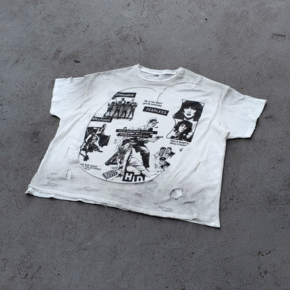 Y2K Black Distressed Tee - Holy Glory Winged Skull Lightning Big Logo Print Dirty Wash Inside Out Ripped Gothic Streetwear