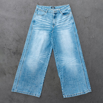 Y2K Baggy Jeans - Light Blue Acid Wash Whiskering Vintage Faded Wide Leg Streetwear