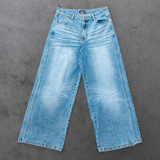 Y2K Baggy Jeans - Light Blue Acid Wash Whiskering Vintage Faded Wide Leg Streetwear