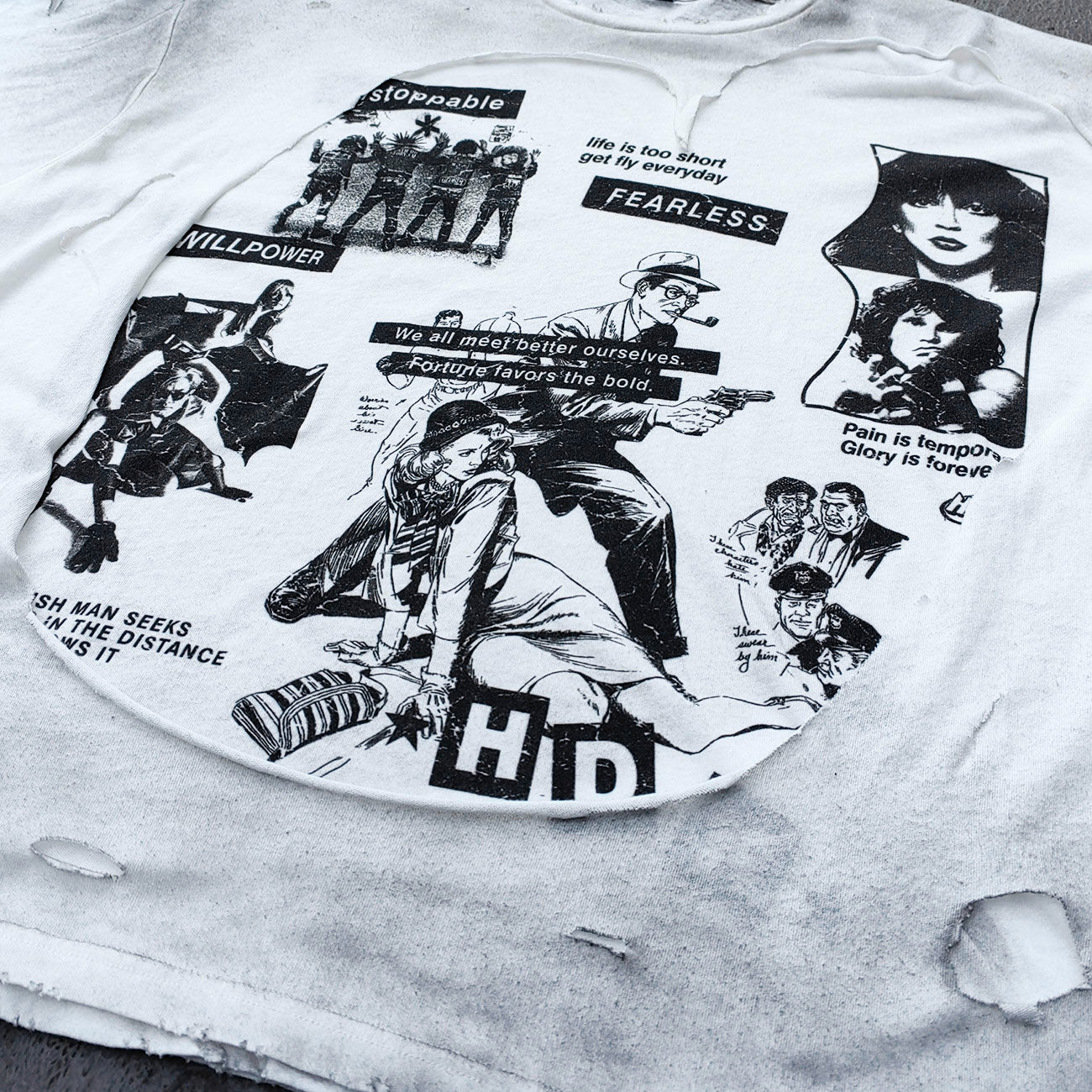 Y2K Black Distressed Tee - Holy Glory Winged Skull Lightning Big Logo Print Dirty Wash Inside Out Ripped Gothic Streetwear