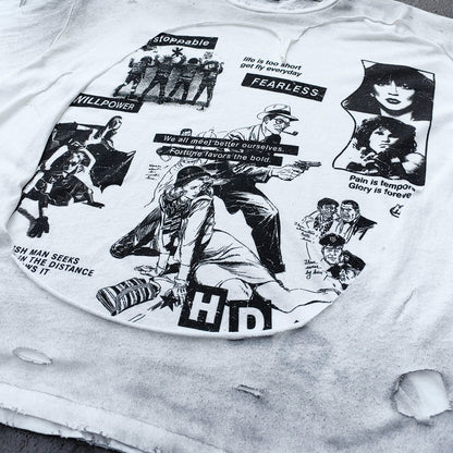 Y2K Black Distressed Tee - Holy Glory Winged Skull Lightning Big Logo Print Dirty Wash Inside Out Ripped Gothic Streetwear